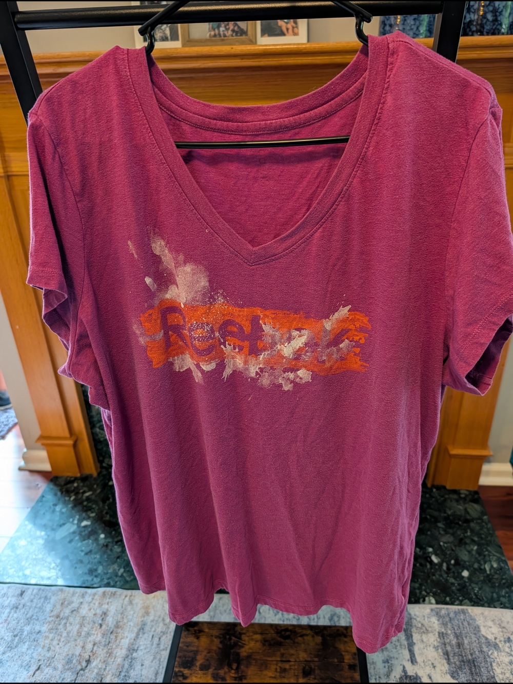 Reebok V-Neck Short Sleeve Tee in Berry with Distressed Graphic